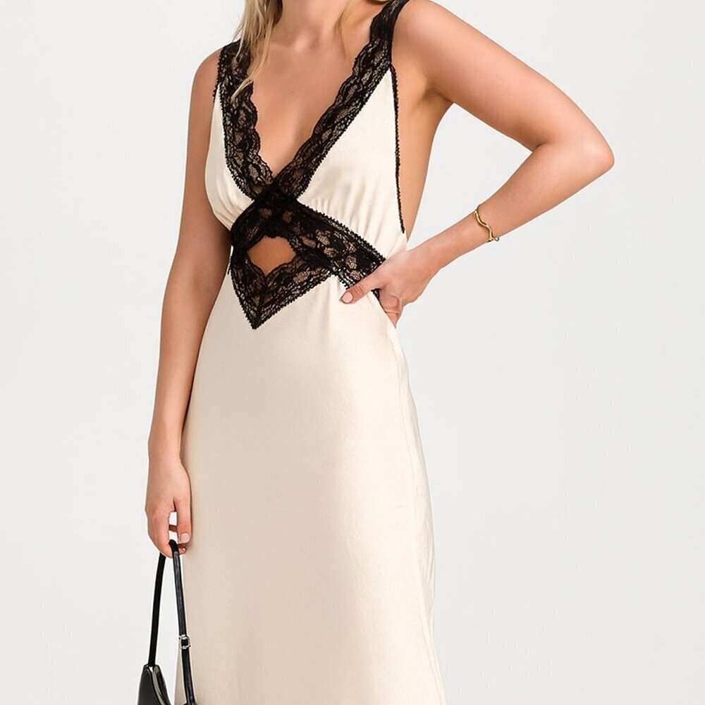 O.P.T. Athina Dress XS Ivory Slip Gown with Black Lace NWT